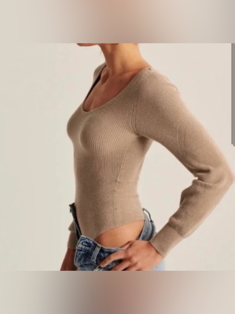 Abercrombie & Fitch Women's Ribbed Scoop Neck Sweater Bodysuit in Taupe